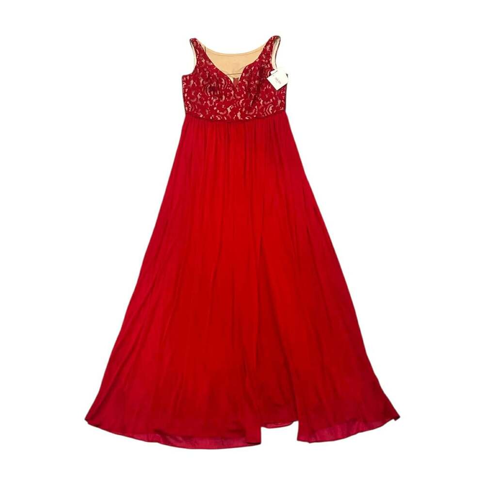 David's Bridal Apple Red V-Neck Lace Mesh Long Evening Gown